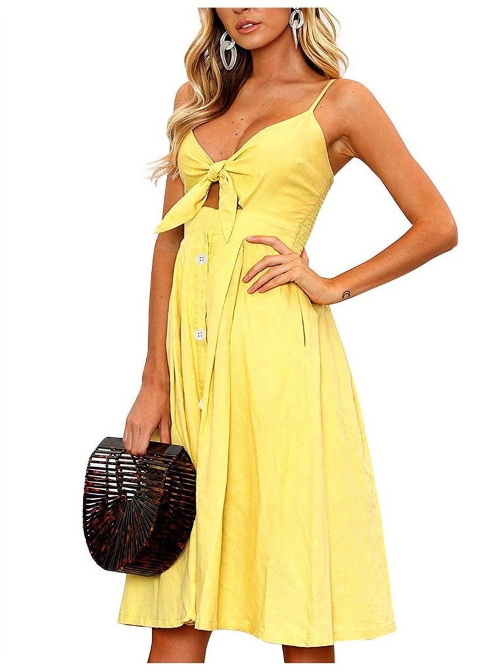 Fancyinn Womens Yellow Tie Front Button Down Spaghetti Strap Midi Dress. Sz L